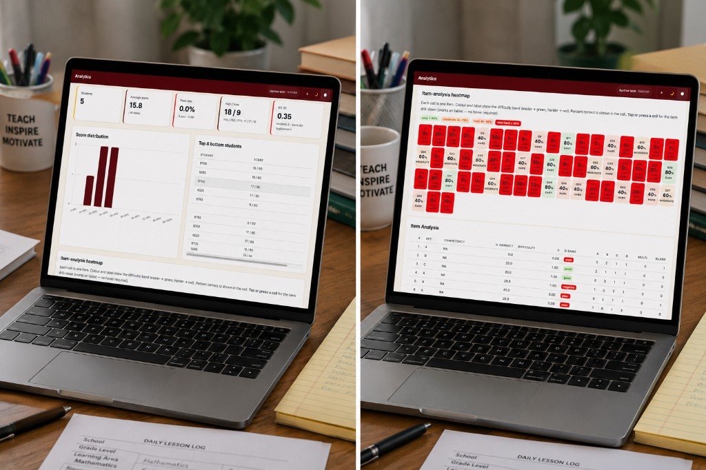QuizaacOMR item analysis analytics and heatmap on the web dashboard